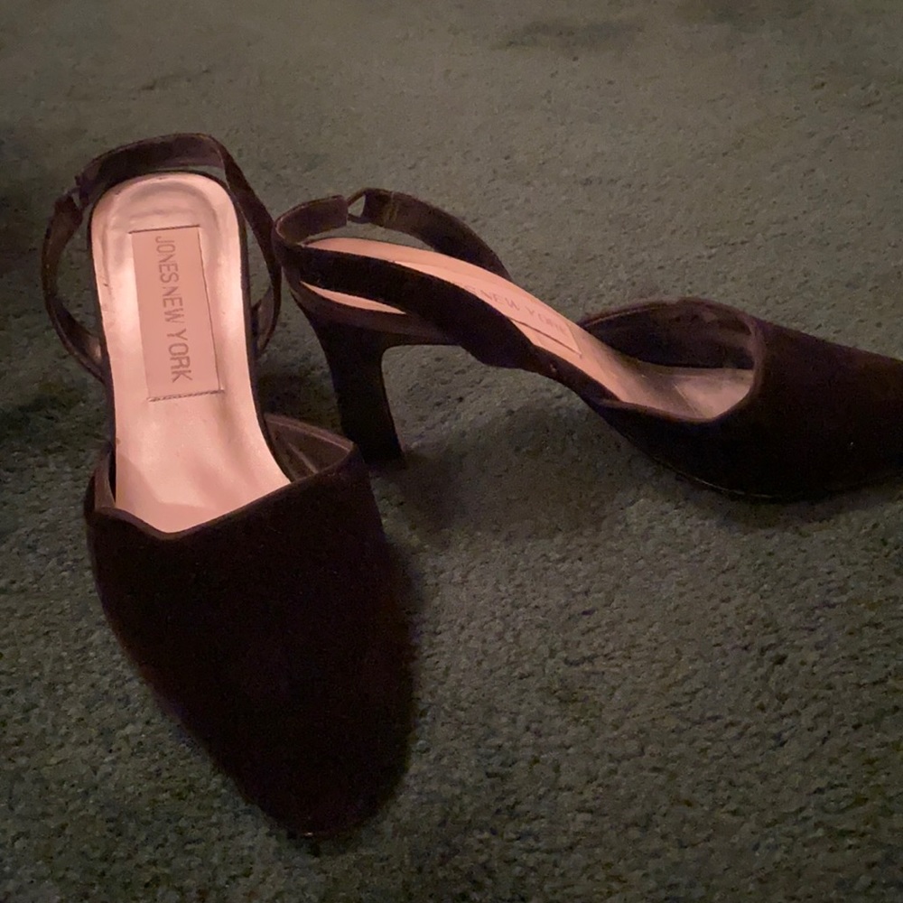 Black suede 1 1/2” strap high heel